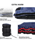Close-up of Cozy 3 Season Sleeping Bag For Camping And Backpacking 75x33 Inches Navy Blue With windproof layer and drawstring closure.
