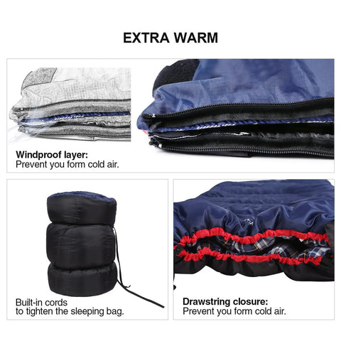 Close-up of Cozy 3 Season Sleeping Bag For Camping And Backpacking 75x33 Inches Navy Blue With windproof layer and drawstring closure.