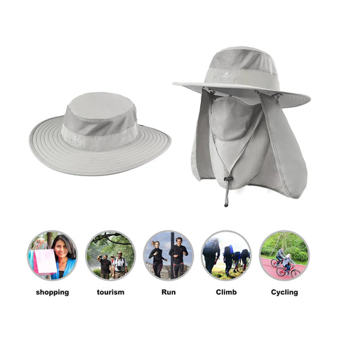 Sun Protection Hat With 360 Degree UPF 50 Shield And Removable Neck Flap For Men And Women, Breathable Light Grey Sun Cap