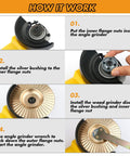 Step-by-step guide showing installation of 9 Piece Wood Carving Disc Set For 4 Inch And 4 1/2 Inch Angle Grinders With 5/8 Inch Arbor Tungsten Carbide Shaping Discs Includes Flat Bevel And Round Arc Discs In Gold Finish Pro Grade For Fast Clean Wood Shaping.