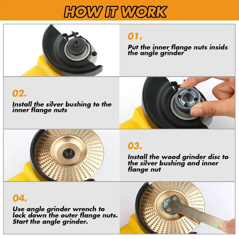 Step-by-step guide showing installation of 9 Piece Wood Carving Disc Set For 4 Inch And 4 1/2 Inch Angle Grinders With 5/8 Inch Arbor Tungsten Carbide Shaping Discs Includes Flat Bevel And Round Arc Discs In Gold Finish Pro Grade For Fast Clean Wood Shaping.
