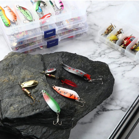 100 Piece Spinner Lures Kit With Metal Trout Spoons Spinnerbaits And Baits Includes 4 Tackle Boxes For Salmon Bass Walleye And Crappie