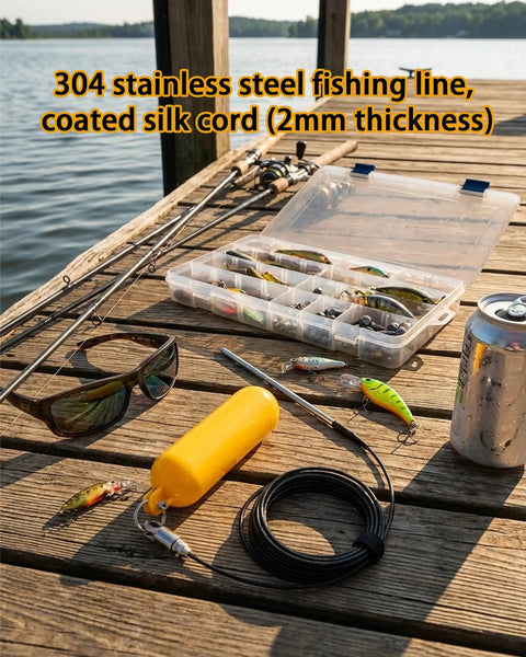 Heavy Duty Steel Wire Fish Stringer With High Visibility PVC Float, 19.7 Feet, fishing gear setup on dock.