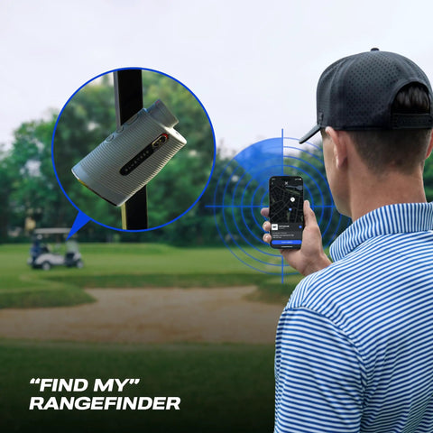 Golfer using Captain Air Golf Rangefinder With Slope And GPS Distances app, focusing on rangefinder and golf course in the background.
