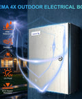 Heavy Duty 304 Stainless Steel Electrical Box Nema 4X Junction Enclosure Full Seam Welded Built Like A Tank Weather Sealed Housing 16X16X8 mounted outdoors with raindrops.