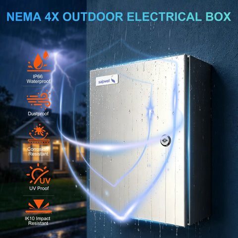 Heavy Duty 304 Stainless Steel Electrical Box Nema 4X Junction Enclosure Full Seam Welded Built Like A Tank Weather Sealed Housing 16X16X8 mounted outdoors with raindrops.