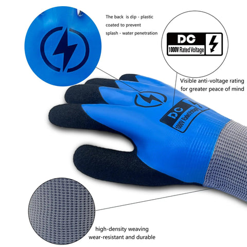 Close-up of Large Insulated Electrician Gloves 1000V ASTM D120 Certified High Voltage Work Gloves with Non Slip Rubber Palms.