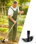 Man using Long Bamboo Handle Weed Puller Tool 2 In 1 Garden Hoe And Weed Remover With Rake And Grabber For Yard Lawn Garden