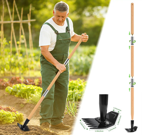 Man using Long Bamboo Handle Weed Puller Tool 2 In 1 Garden Hoe And Weed Remover With Rake And Grabber For Yard Lawn Garden