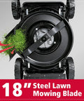 Underside view of Easy Start 18 Inch Gas Lawn Mower with 144cc OHV Engine showing steel deck and side discharge
