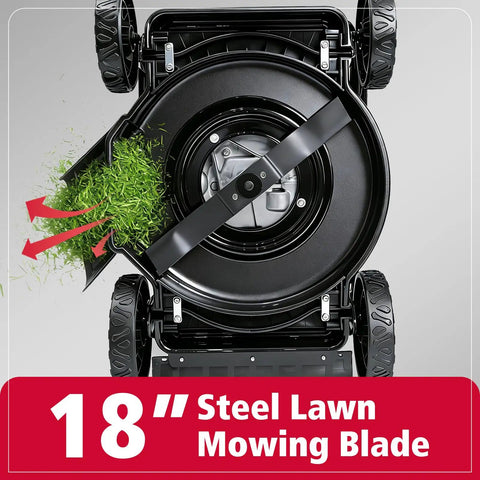Underside view of Easy Start 18 Inch Gas Lawn Mower with 144cc OHV Engine showing steel deck and side discharge