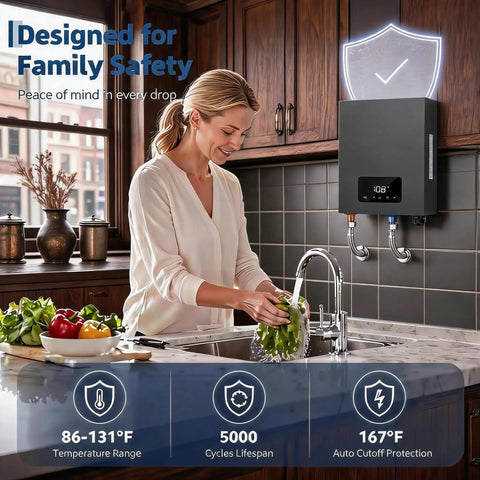 Endless Hot Water On Tap With This Real Deal 14KW Electric Tankless Water Heater For Showers And Sinks using high flow, shown in a modern kitchen.
