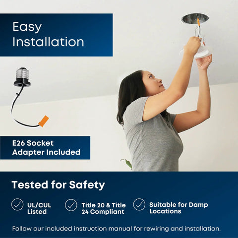 Person installing Adjustable Five To Six Inch Scoop Recessed LED Downlight Kit, 3000K Bright White, Dimmable, Energy Star Certified