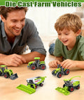 Child playing with Five Pack Diecast Farm Tractor Toy Set With Combine Harvester And Digger Loader on wooden floor, smiling parent nearby.