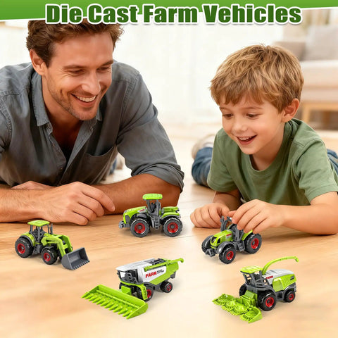 Child playing with Five Pack Diecast Farm Tractor Toy Set With Combine Harvester And Digger Loader on wooden floor, smiling parent nearby.