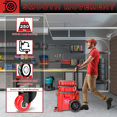 Packout Front Wheel Caster Kit For Milwaukee Packout Heavy Duty 200 Lb Capacity Steel Construction shown on rolling toolbox