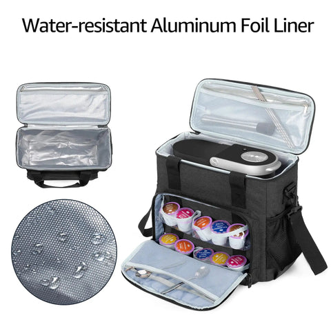 Travel Coffee Maker Carrying Bag For Keurig K Mini And K Mini Plus with aluminum foil liner and storage for pods and accessories.