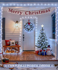 Front porch with Christmas decor, lit tree and wreath, white glow from two pack of 33 feet solar string lights with 100 LEDs each