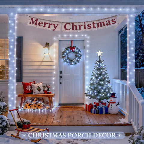 Front porch with Christmas decor, lit tree and wreath, white glow from two pack of 33 feet solar string lights with 100 LEDs each