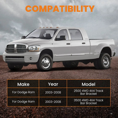 Track Bar Bracket for Dodge Ram 2500 3500 4x4 2003-2008 With 2.5 to 6 Inch Lift Panhard Bar Drop Relocation Kit to Improve Steering, Driveline Geometry, Stability and Handling on lifted trucks. Compatibility chart for Dodge Ram 2500 and 3500 4WD 4x4 2003-2008