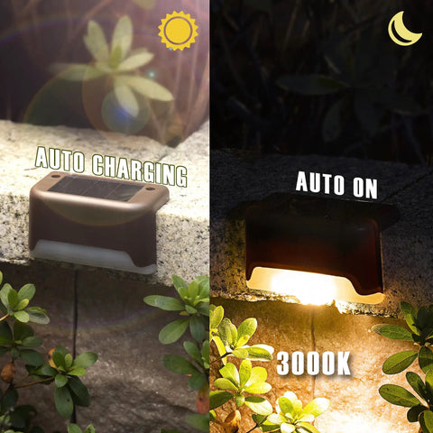 Solar LED Deck Lights 16 Pack Waterproof for Outdoor Stairs Fence; warm white glow; auto charging and on; daytime and nighttime use.