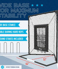 Heavy Duty 9 Hole Baseball Pitching Net With Built In Backstop And Suspended Strike Zone Target showing wide base for maximum stability.