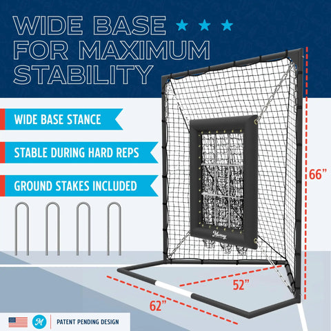 Heavy Duty 9 Hole Baseball Pitching Net With Built In Backstop And Suspended Strike Zone Target showing wide base for maximum stability.