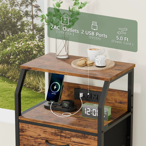Night Stand With Built In Charging Station And USB Ports, 28.3 Inch Tall Bedside Table With Wood Shelf And 3 Fabric Drawers shown with devices charging