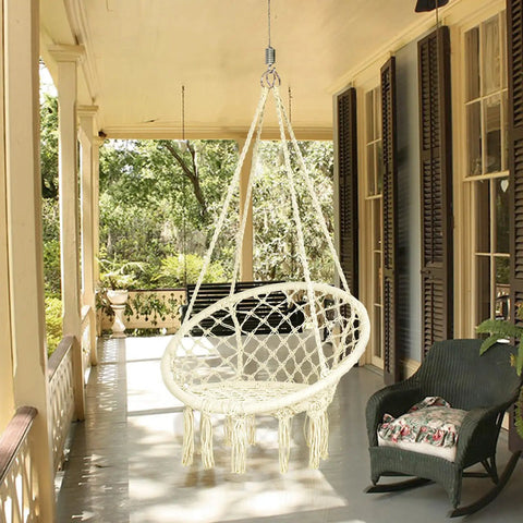 Kids Hammock Swing Chair For Indoor And Outdoor Fun, Handmade Macrame Knitted Hanging Seat For Toddlers Aged 2 To 5 on balcony