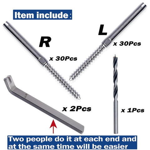 Left And Right Handed Thread Lag Screws For One Eighth Inch Decking Cable Railing Kit Hardware Non Turnbuckle System Eliminates Torsion And Slippage While Tightening In One Direction Silver Finish 30 Pairs, showing included items.