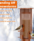 Weight Activated Squirrel Proof Bird Feeder For Outdoor Use Large Capacity Keeps Squirrels From Stealing Seed While Finches Cardinals And Chickadees Feed Freely Weatherproof Durable Construction In Reddish Brown with birds feeding
