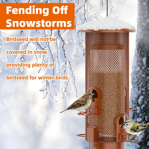 Weight Activated Squirrel Proof Bird Feeder For Outdoor Use Large Capacity Keeps Squirrels From Stealing Seed While Finches Cardinals And Chickadees Feed Freely Weatherproof Durable Construction In Reddish Brown with birds feeding