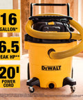No Bull Heavy Duty 16 Gallon Wet Dry Shop Vacuum With 6.5 Peak Horsepower And 116 Cfm Airflow shown with yellow body, hose, and power cord.
