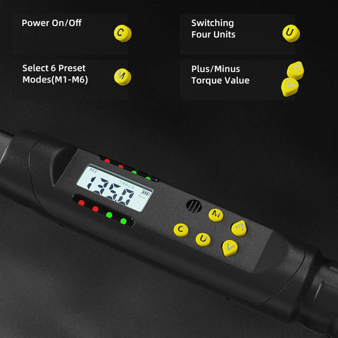 Digital Torque Wrench One Half Inch Drive With Preset Value And Data Storage, showing display and control buttons.