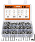 Badass Durable 690 Piece Wood Screw Assortment Kit With 304 Stainless Steel Pan And Flat Head Phillips Fasteners displayed in organizer.