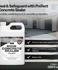 Beefy Clear Concrete And Paver Sealant For Outdoor Areas Heavy Salt And Oil Repellent Formula Waterproof Patio Shield Tough Love Protection Smooth Operator Finish Long Lasting Shine Pack Of Two 1 Gallon jug of clear concrete sealer on outdoor surface.