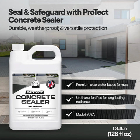 Beefy Clear Concrete And Paver Sealant For Outdoor Areas Heavy Salt And Oil Repellent Formula Waterproof Patio Shield Tough Love Protection Smooth Operator Finish Long Lasting Shine Pack Of Two 1 Gallon jug of clear concrete sealer on outdoor surface.