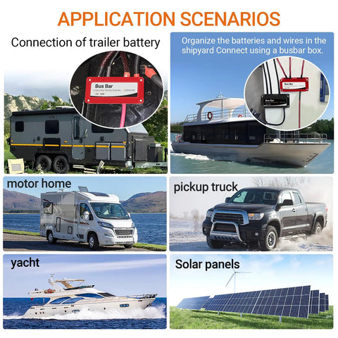 Kickass Heavy Duty 450A 48V DC Bus Bar Kit Two Pack shown in application scenarios: RV, yacht, truck, and solar panels.