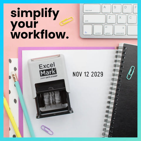 Straight Up Knockout Date Stamp For Shipping And Receiving Orders Track Expiration And Due Dates Smooth Gliding Mechanism Crisp Black Ink On Durable Gray Mount on a desk with stationery.