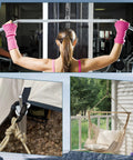 Collage showing M3.5 Black Quick Link Chain Connector Set used in gym equipment, tent setup, and outdoor hammock hanging.