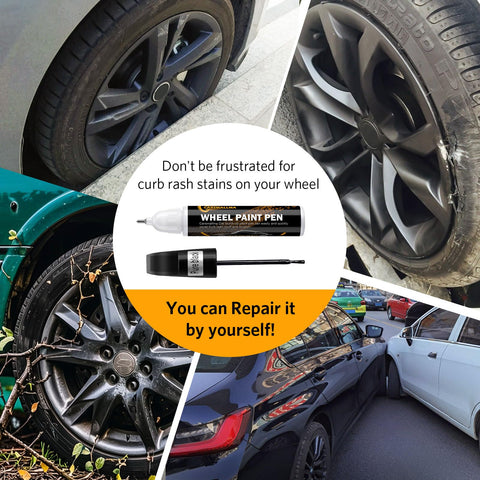 Black Rim Touch Up Paint Kit For Wheels 2 In 1 Wheel Paint For Rims Scratch Repair Pen Set with images of curb rash.