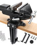 Beefy Heavy Duty 2-In-1 Bench Vise With 3.3 Inch Jaw Width 360 Degree Swivel Base, non-slip jaws clamped to a wooden surface.