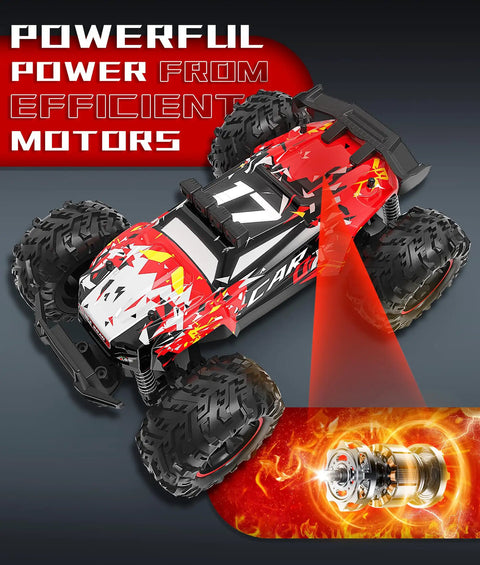2.4GHz Remote Control Off Road Monster Truck 1 18 Scale With LED Lights, showing powerful efficient motors illustration.