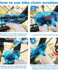Guide showing use of blue chain scrubber on bike with All In One Bike Cleaning Kit With Chain Cleaner Degreaser Chain Lube Scrubber And Brushes For Mountain MTB Road EBike And Trail Bikes To Keep Your Ride Fresh Clean And Ready To Roll.