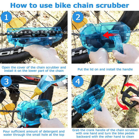 Guide showing use of blue chain scrubber on bike with All In One Bike Cleaning Kit With Chain Cleaner Degreaser Chain Lube Scrubber And Brushes For Mountain MTB Road EBike And Trail Bikes To Keep Your Ride Fresh Clean And Ready To Roll.