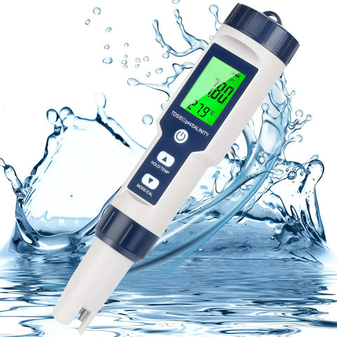 5 In 1 Water Test Meter For PH TDS EC Temperature And Salt with clear LCD over splashing water background