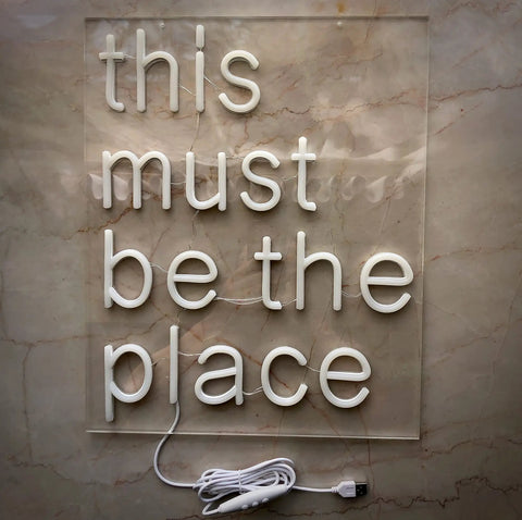 "This must be the place" white neon sign, USB powered LED light, 17x14 inches for wall decor or wedding party vibes.