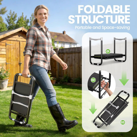 Woman carrying 2-In-1 Garden Kneeler And Seat For Seniors And Garden Lovers, Heavy-Duty Foldable Bench With 400 Lb Capacity, shown folded