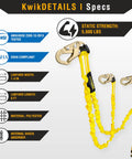Double Leg Rattler Safety Lanyard 6 Ft Tubular Y-Leg with Internal Shock Absorber, 2 Pack shown with specs and certifications