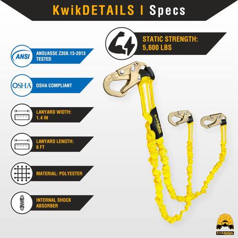 Double Leg Rattler Safety Lanyard 6 Ft Tubular Y-Leg with Internal Shock Absorber, 2 Pack shown with specs and certifications